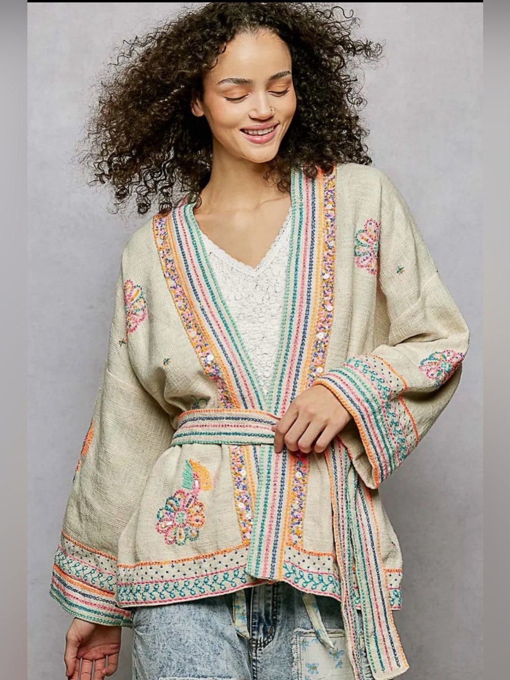 POL linen beige jacket sequin lace crochet flutter sleeve kimono blouse top